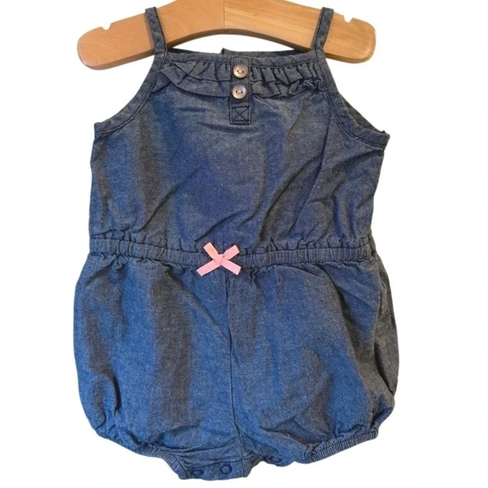 Carter's Baby Girl Chambray Denim Bubble Romper Pink Bow - size 9 mos